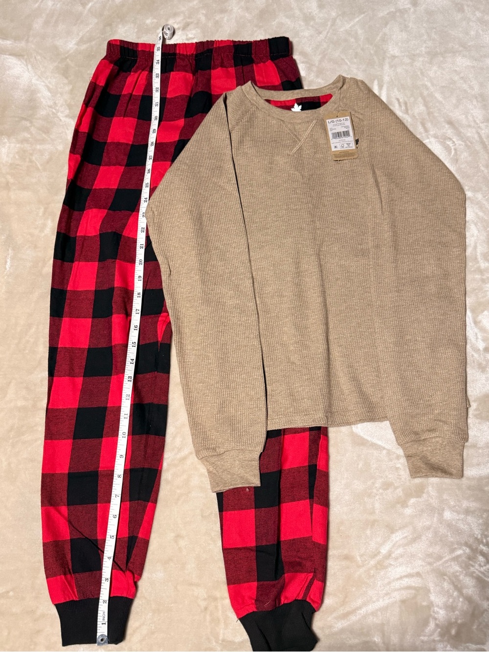 Canadiana Beige Waffle-Knit Crewneck with Red & Black Plaid Trim